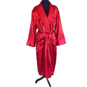 Vintage Victoria’s Secret Red Satin Quilted Robe Belted M/L Embroidered Pocket